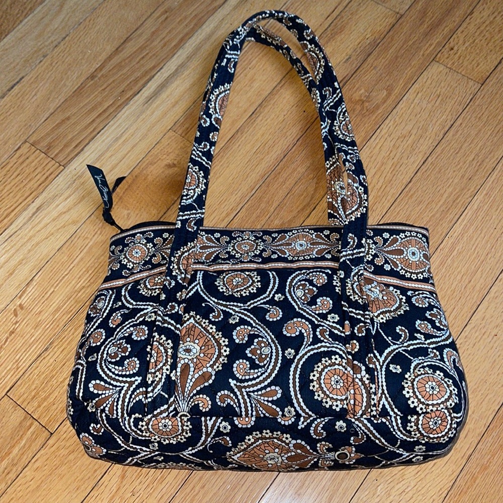 Vera Bradley Navy Paisley Quilted Shoulder Bag with Tan and White Accents